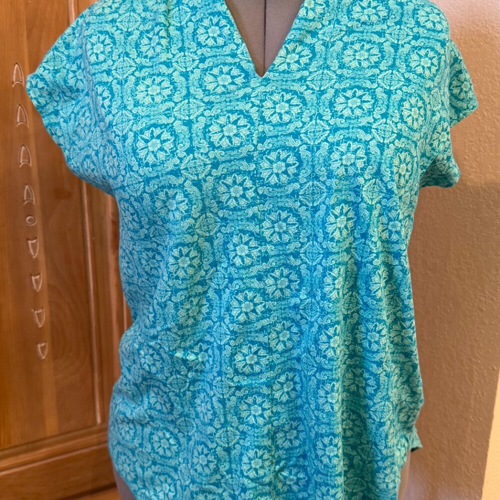 Soft Surroundings Turquoise Pattern Blouse Size L - image 5